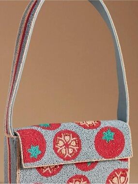 Anthropologie Red & Light Blue Beaded Shoulder Bag